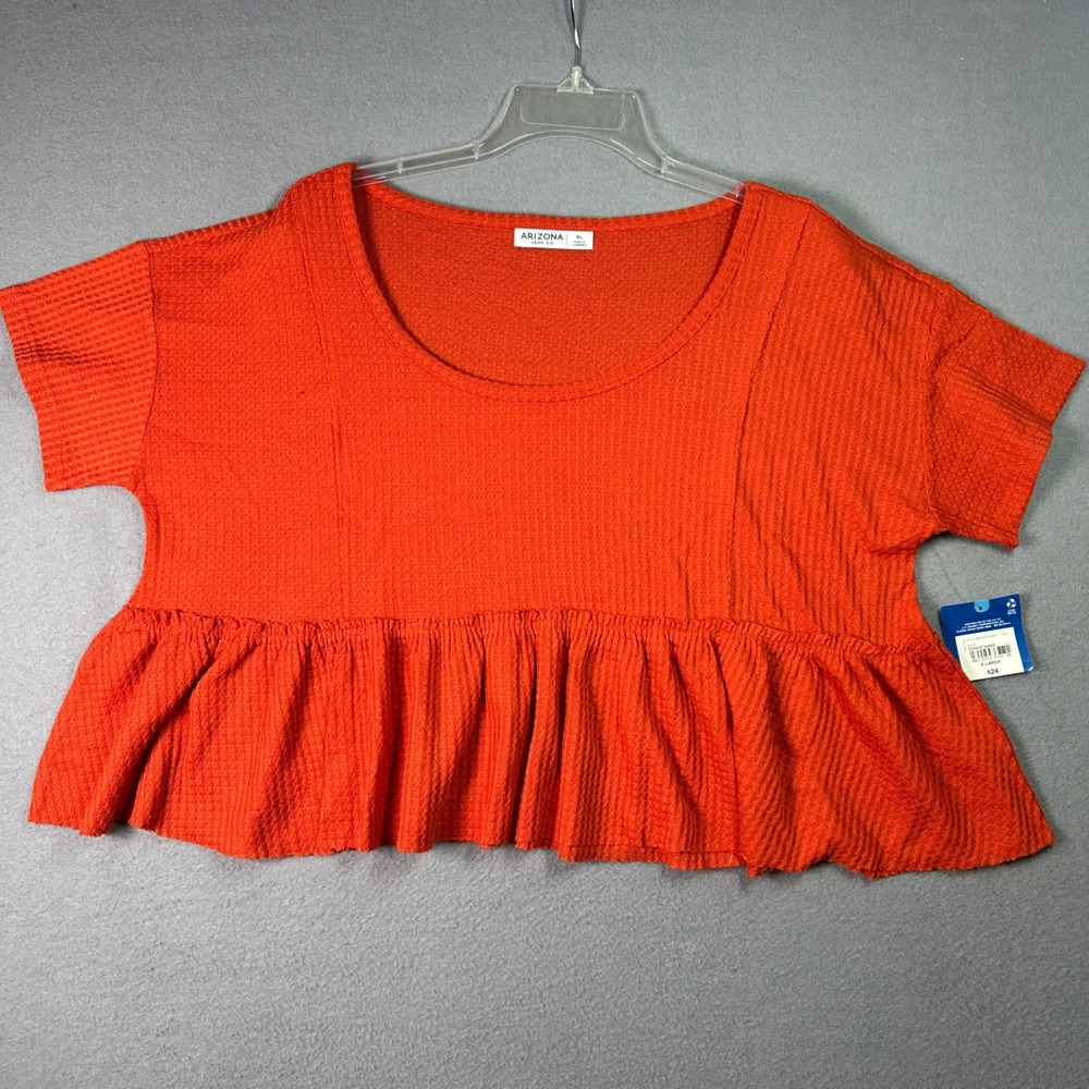 Arizona Jean Co Orange Waffle Knit Coquette Peplum Babydoll Crop Top XL NEW